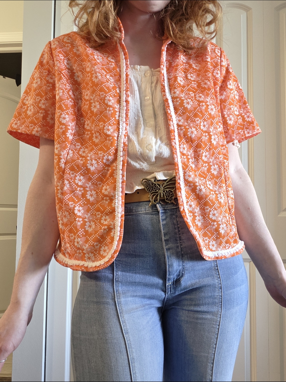 Vintage 60s Orange Floral Short Sleeve Jacket